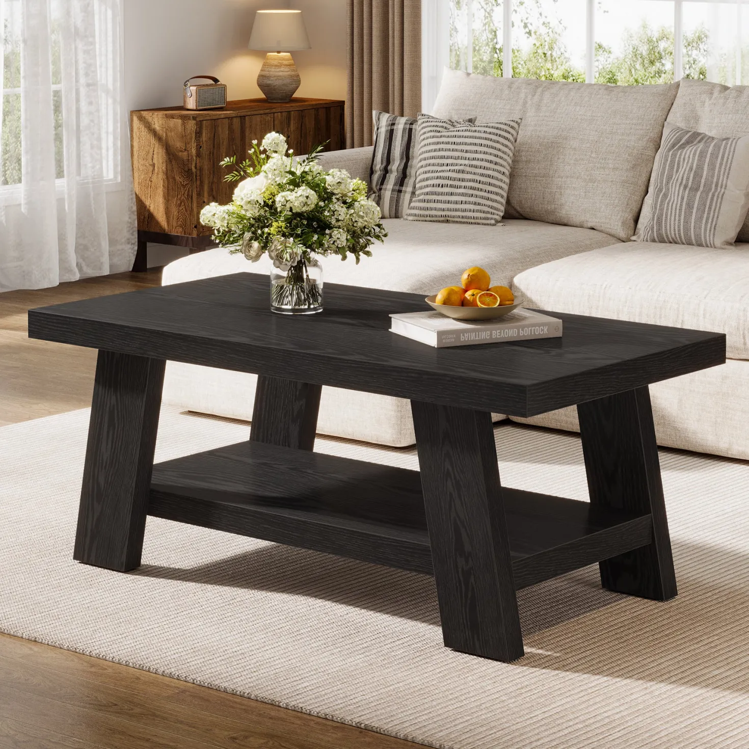 47" Coffee Table, Farmhouse 2-tier Center Table with Storage