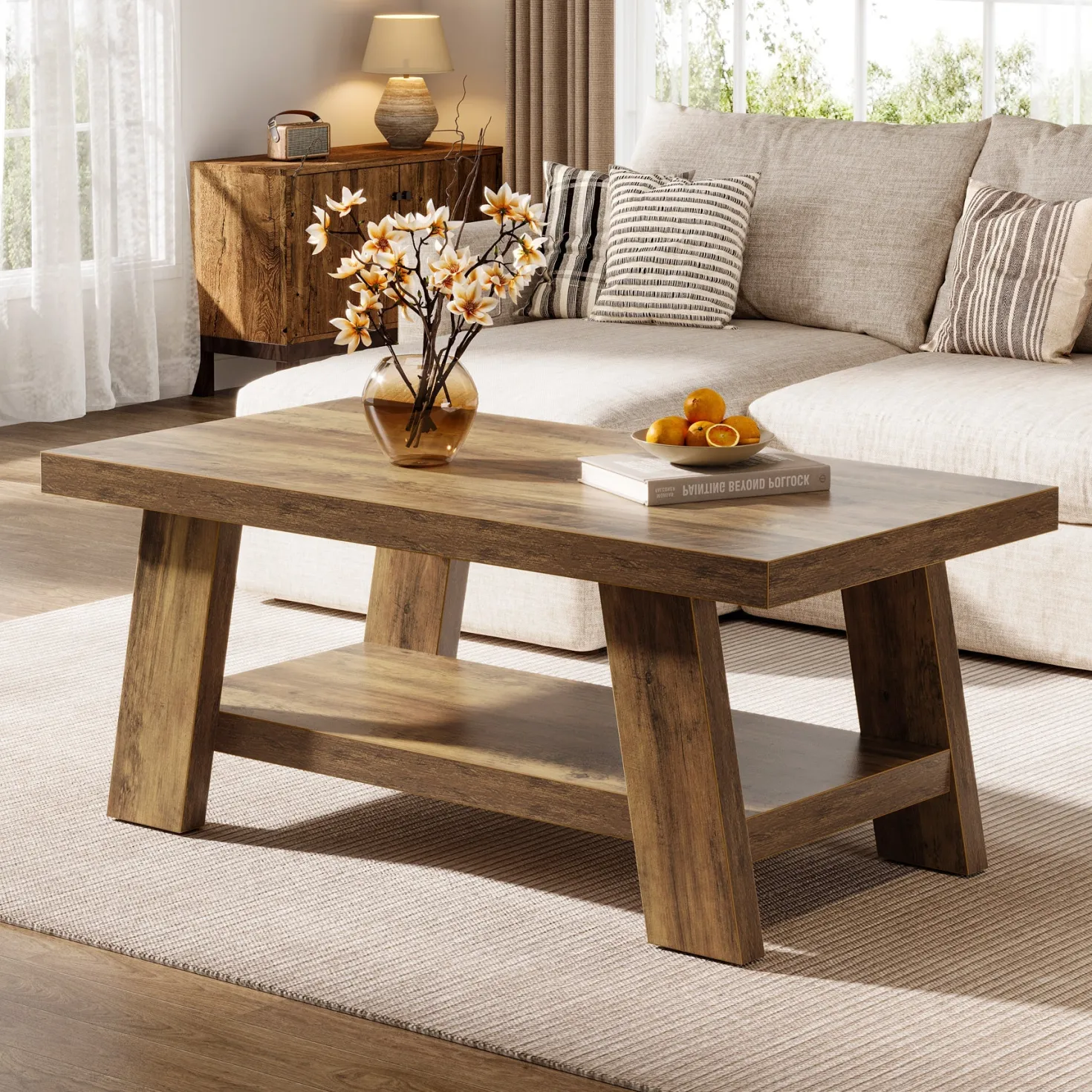 47" Coffee Table, Farmhouse 2-tier Center Table with Storage