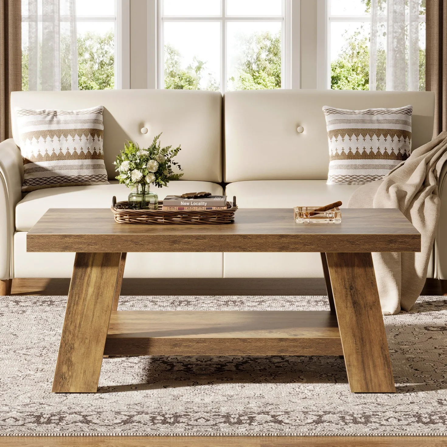 47" Coffee Table, Farmhouse 2-tier Center Table with Storage