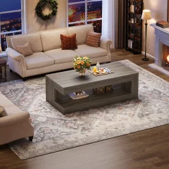 47.24" Coffee Table, Farmhouse 2-Tier Tea Cocktail Table with Storage