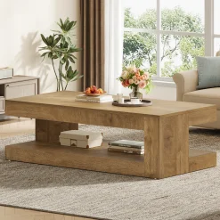47.24" Coffee Table, Farmhouse 2-Tier Tea Cocktail Table with Storage