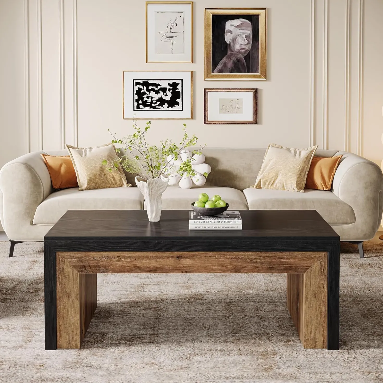 47.2" Coffee Table, Mid-Century Modern Accent Center Table with Sturdy Base