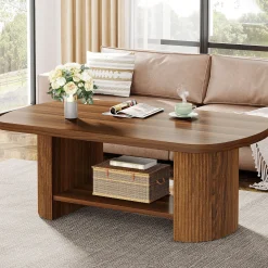 45" Coffee Table, Modern Oval 2-Tier Center Table With Storage