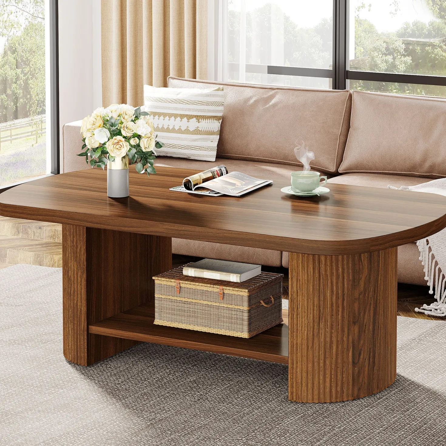 45" Coffee Table, Modern Oval 2-Tier Center Table With Storage