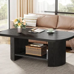 45" Coffee Table, Modern Oval 2-Tier Center Table With Storage