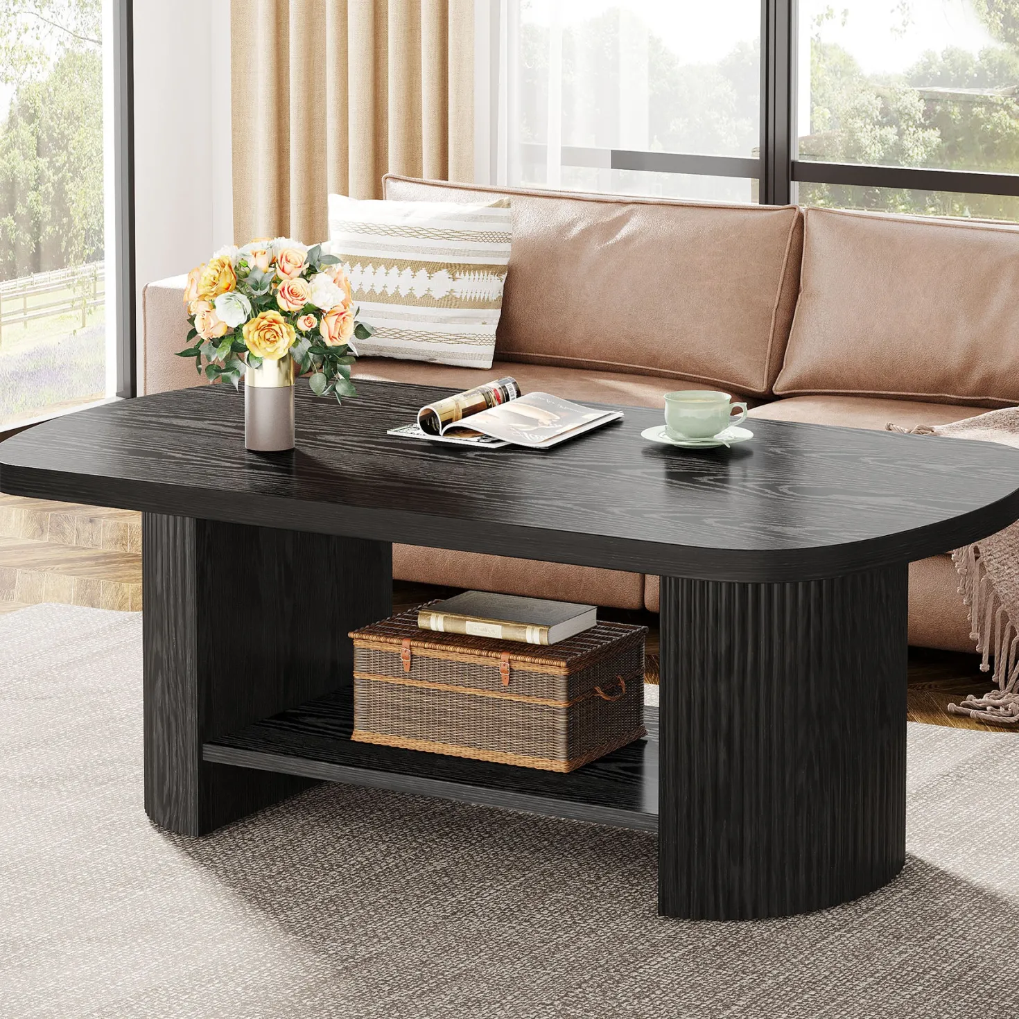 45" Coffee Table, Modern Oval 2-Tier Center Table With Storage