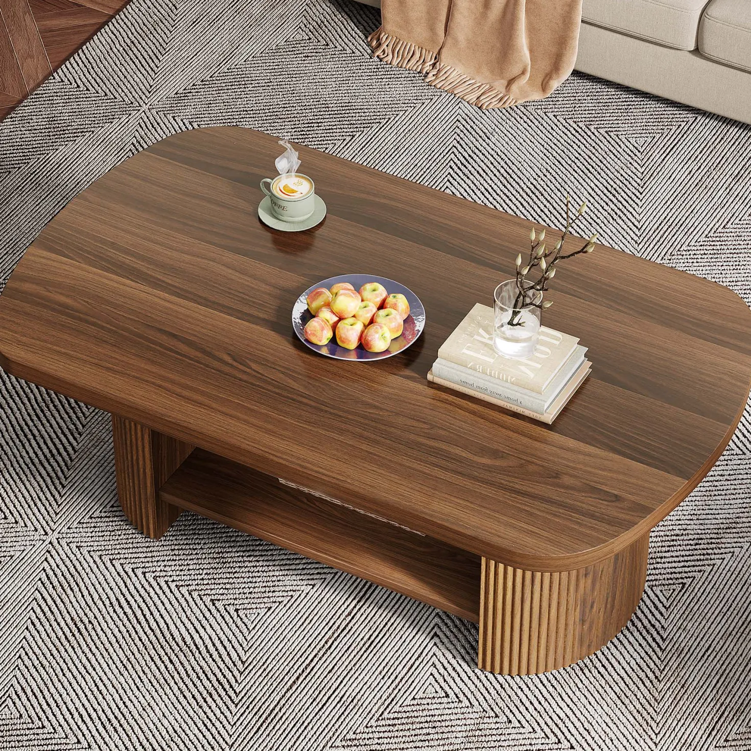 45" Coffee Table, Modern Oval 2-Tier Center Table With Storage