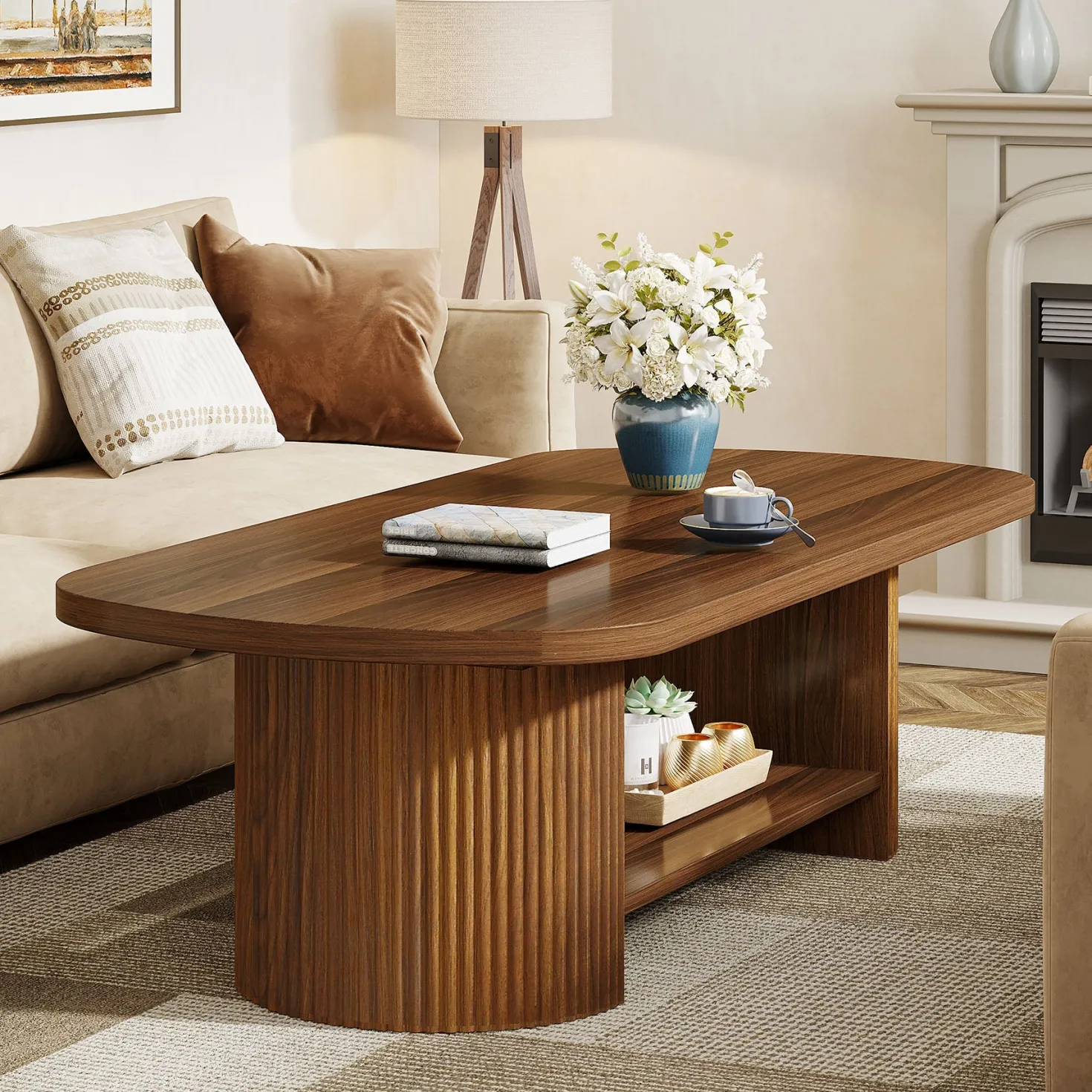 45" Coffee Table, Modern Oval 2-Tier Center Table With Storage