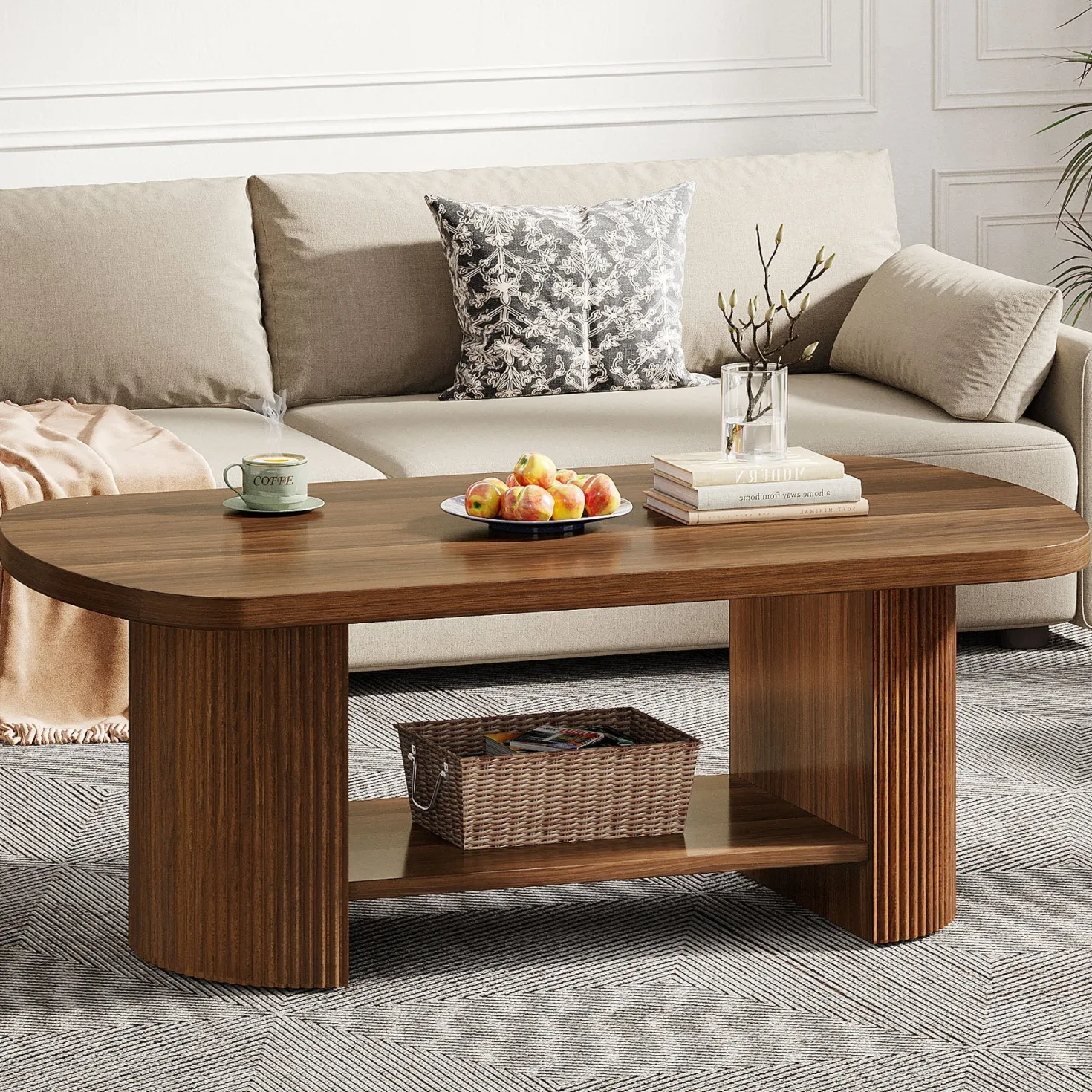 45" Coffee Table, Modern Oval 2-Tier Center Table With Storage