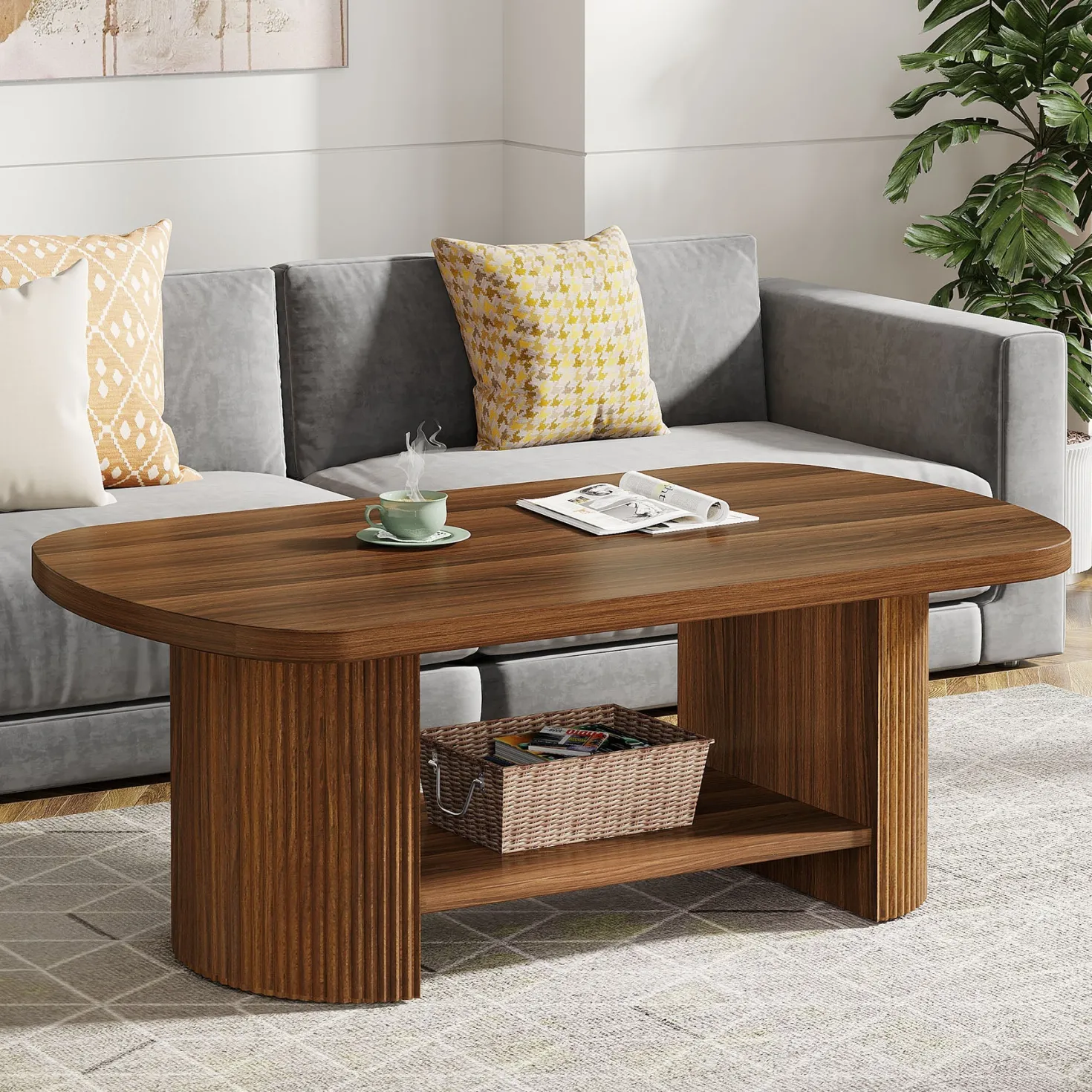 45" Coffee Table, Modern Oval 2-Tier Center Table With Storage