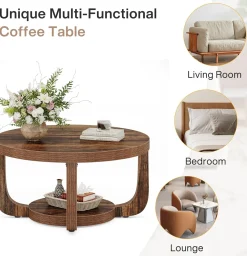 31.5" Coffee Table, Modern 2-Tier Circle Center Table with Storage
