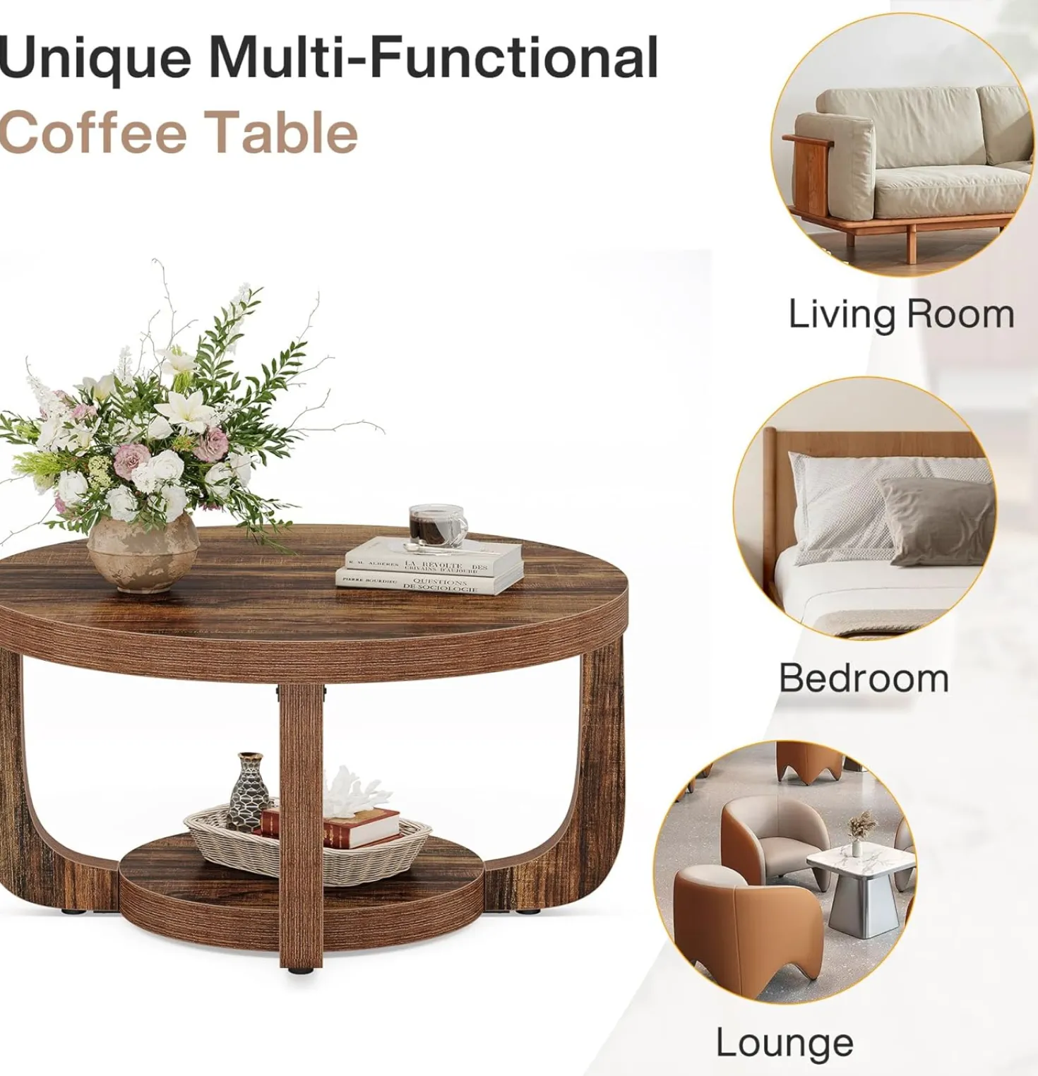 31.5" Coffee Table, Modern 2-Tier Circle Center Table with Storage