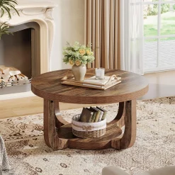 31.5" Coffee Table, Modern 2-Tier Circle Center Table with Storage
