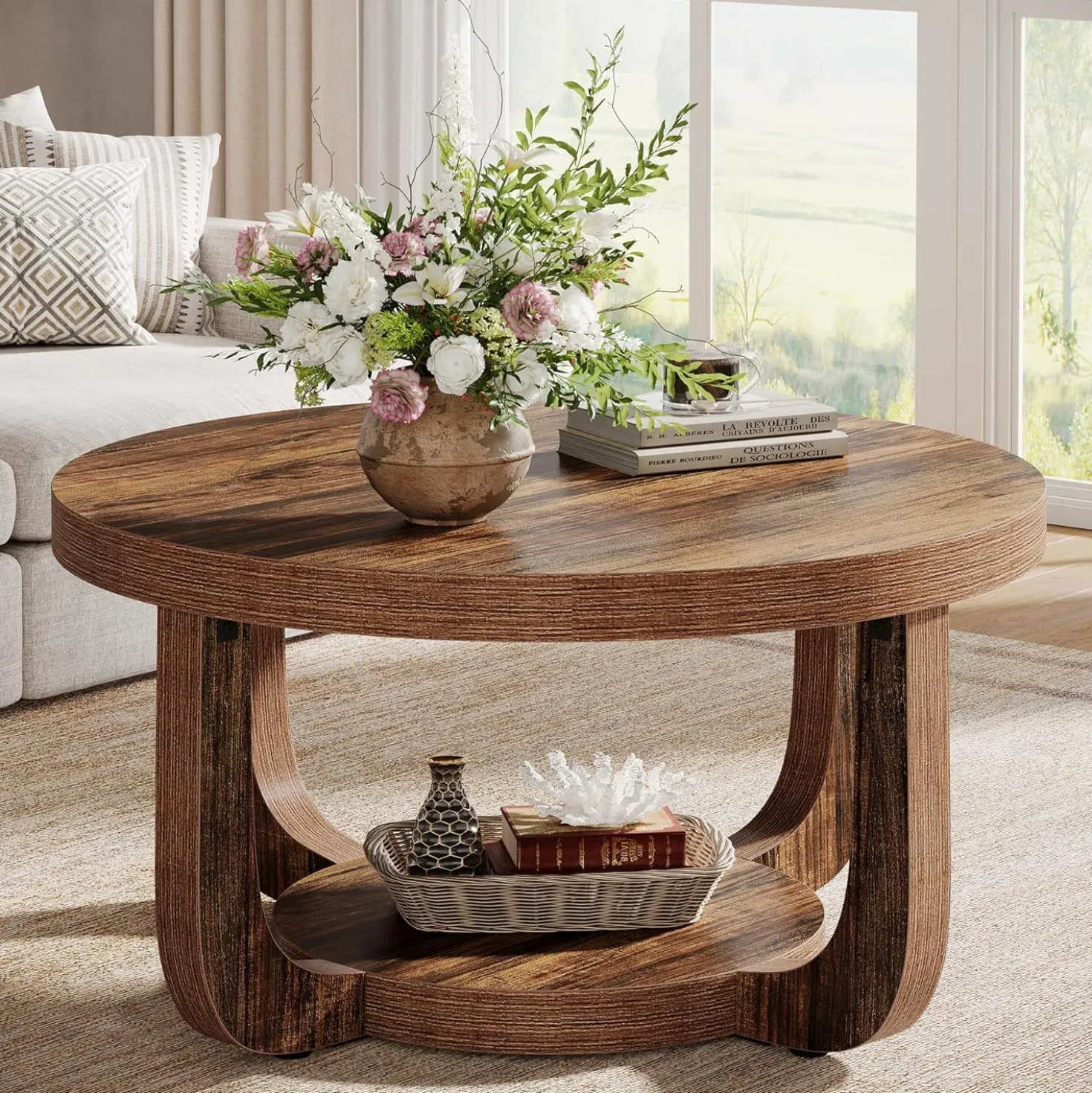 31.5" Coffee Table, Modern 2-Tier Circle Center Table with Storage