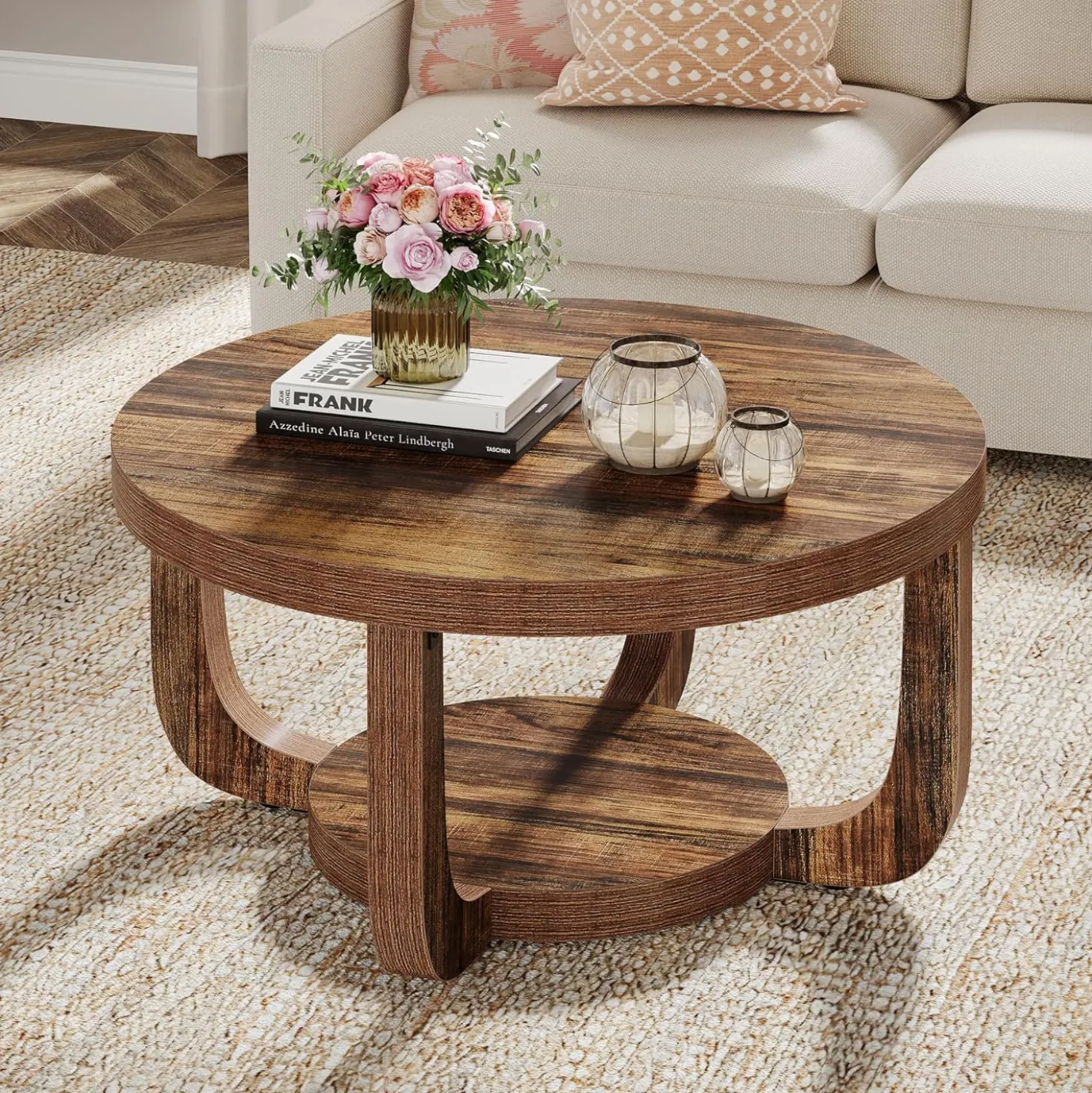 31.5" Coffee Table, Modern 2-Tier Circle Center Table with Storage