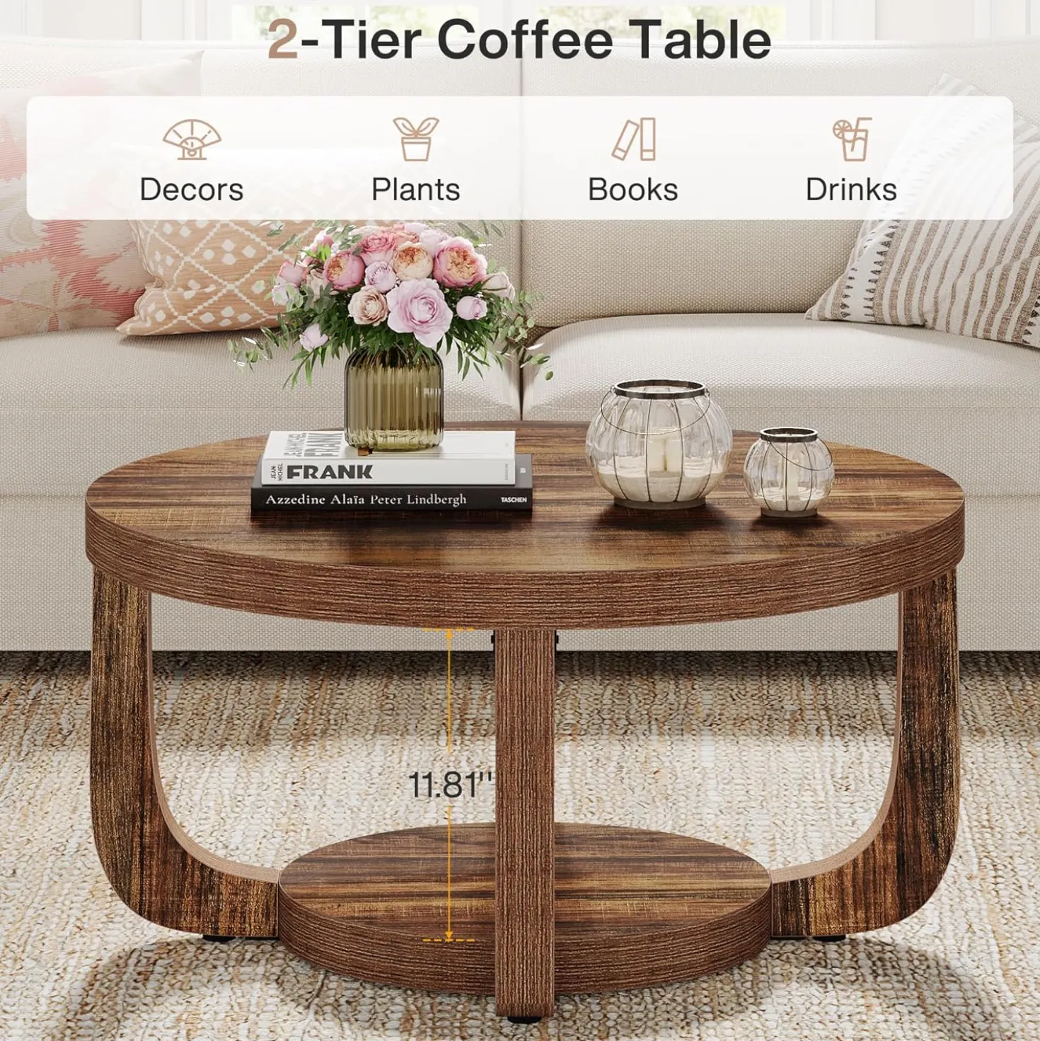 31.5" Coffee Table, Modern 2-Tier Circle Center Table with Storage