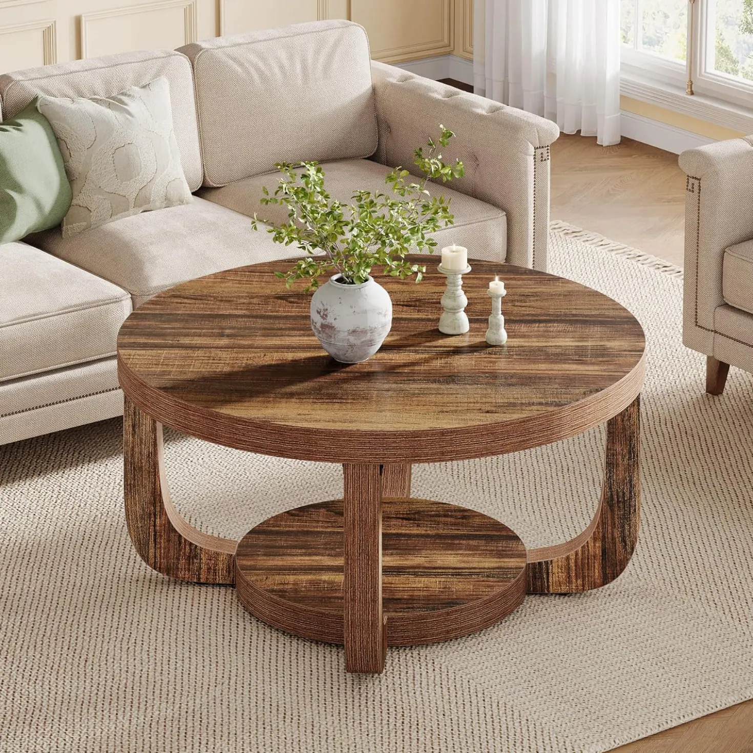 31.5" Coffee Table, Modern 2-Tier Circle Center Table with Storage