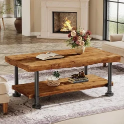 47" Coffee Table, Rectangular Wood Accent Center Table with 2-Tier Shelf