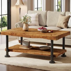 47" Coffee Table, Rectangular Wood Accent Center Table with 2-Tier Shelf