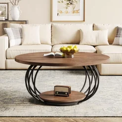 39.4" Coffee Table, Round 2-Tier Accent Center Cocktail Table with Storage Shelf