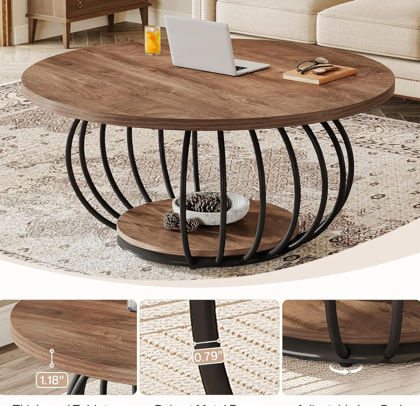 39.4" Coffee Table, Round 2-Tier Accent Center Cocktail Table with Storage Shelf