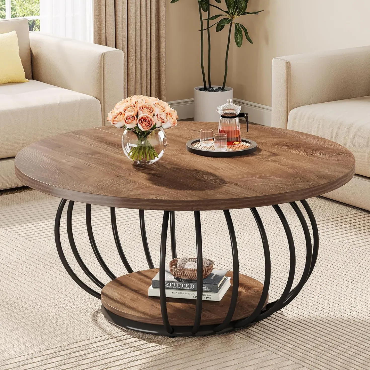 39.4" Coffee Table, Round 2-Tier Accent Center Cocktail Table with Storage Shelf
