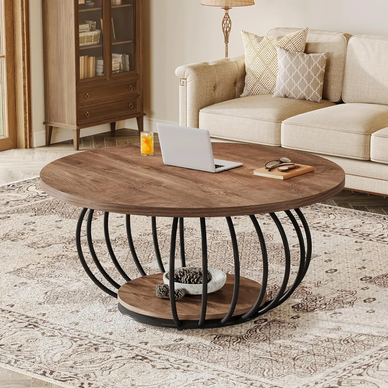 39.4" Coffee Table, Round 2-Tier Accent Center Cocktail Table with Storage Shelf