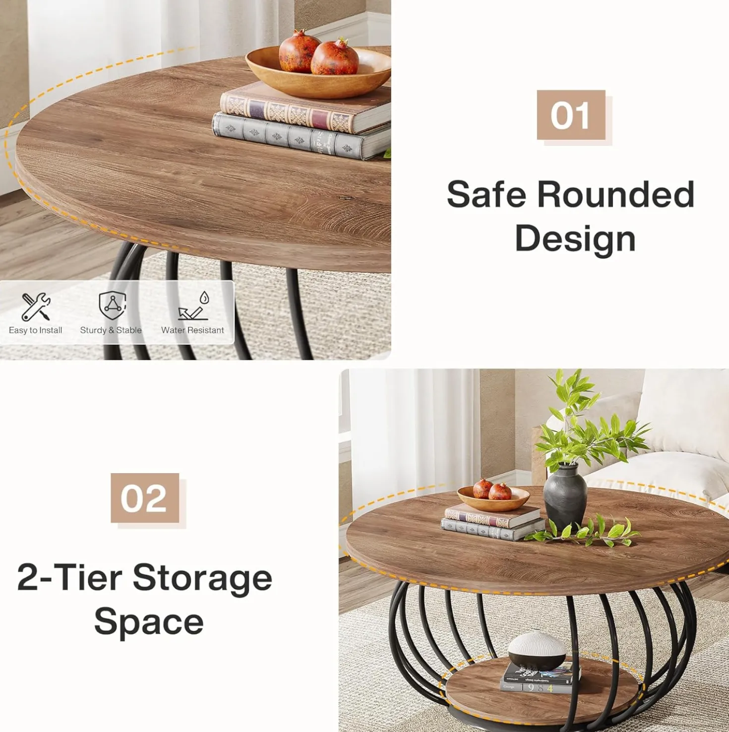 39.4" Coffee Table, Round 2-Tier Accent Center Cocktail Table with Storage Shelf