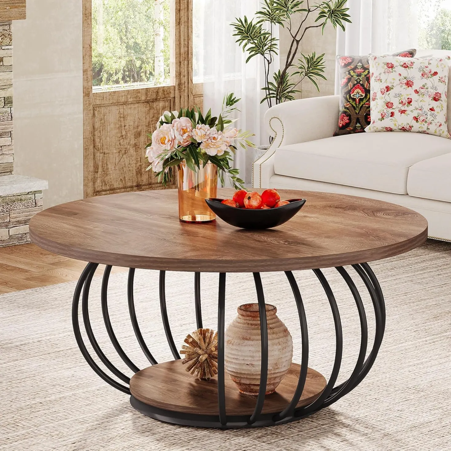 39.4" Coffee Table, Round 2-Tier Accent Center Cocktail Table with Storage Shelf