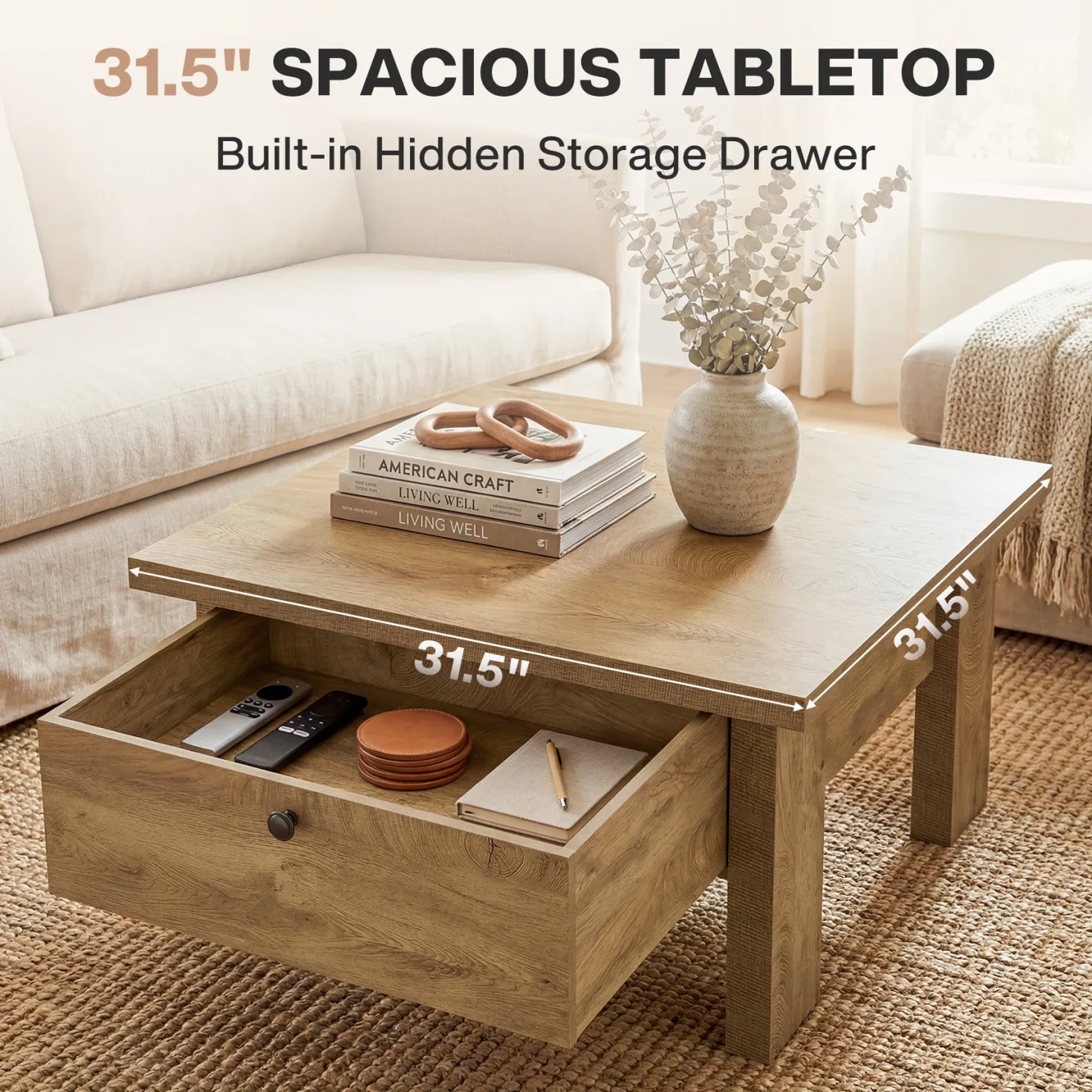31.5" Coffee Table, Square Center Tea Table with Storage Drawer