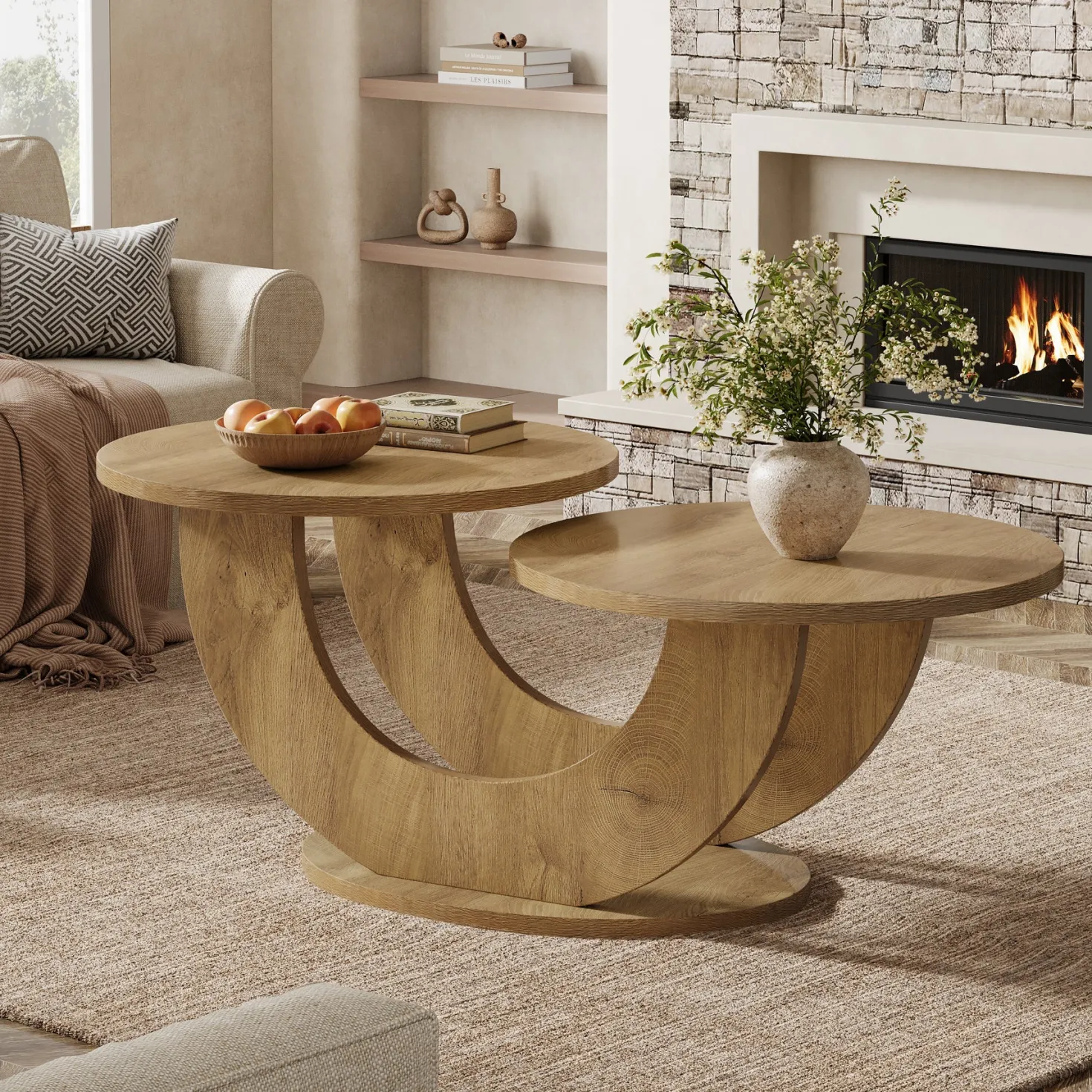 45" Coffee Table, 2-Tier Accent Center Cocktail Table with U-Shaped Frame
