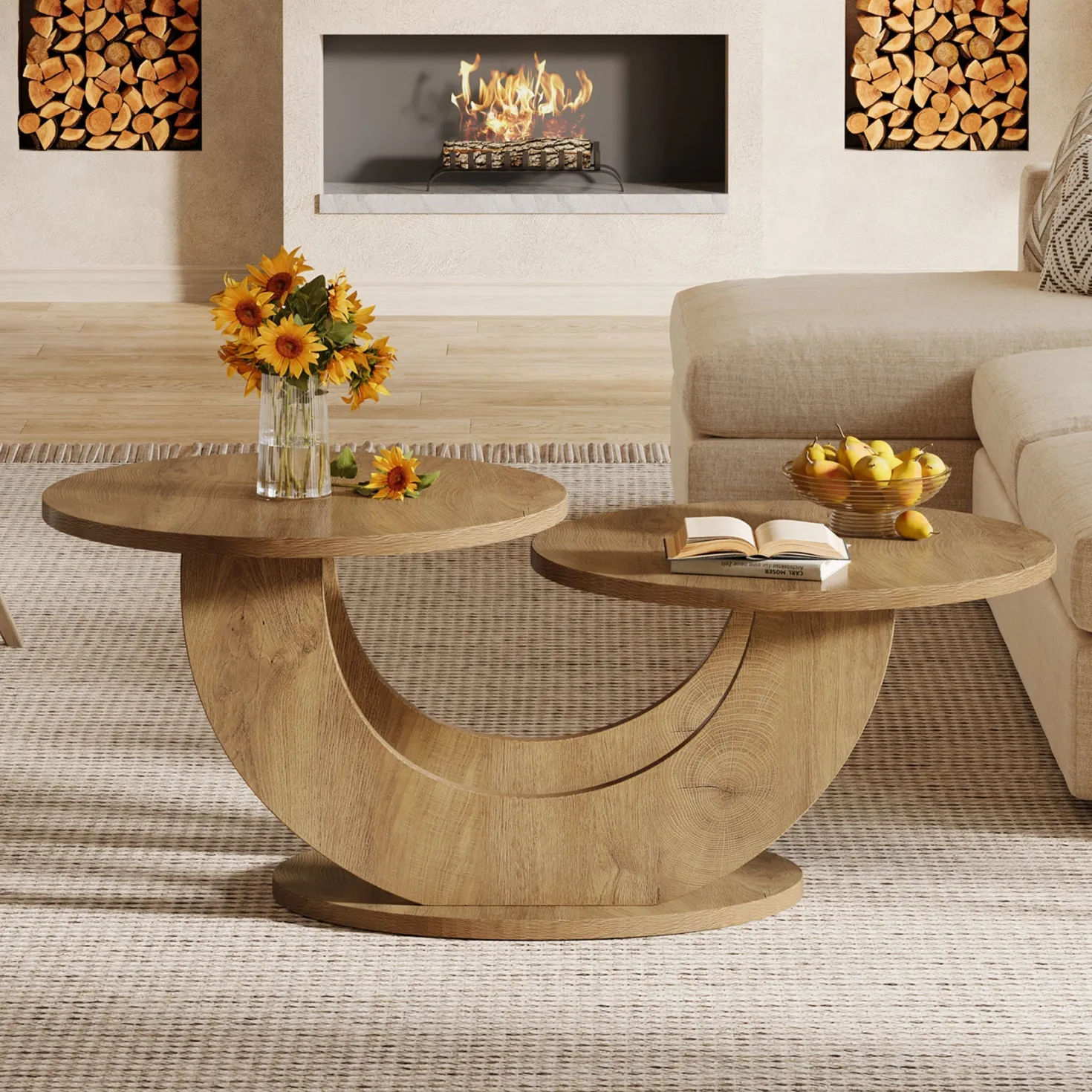 45" Coffee Table, 2-Tier Accent Center Cocktail Table with U-Shaped Frame