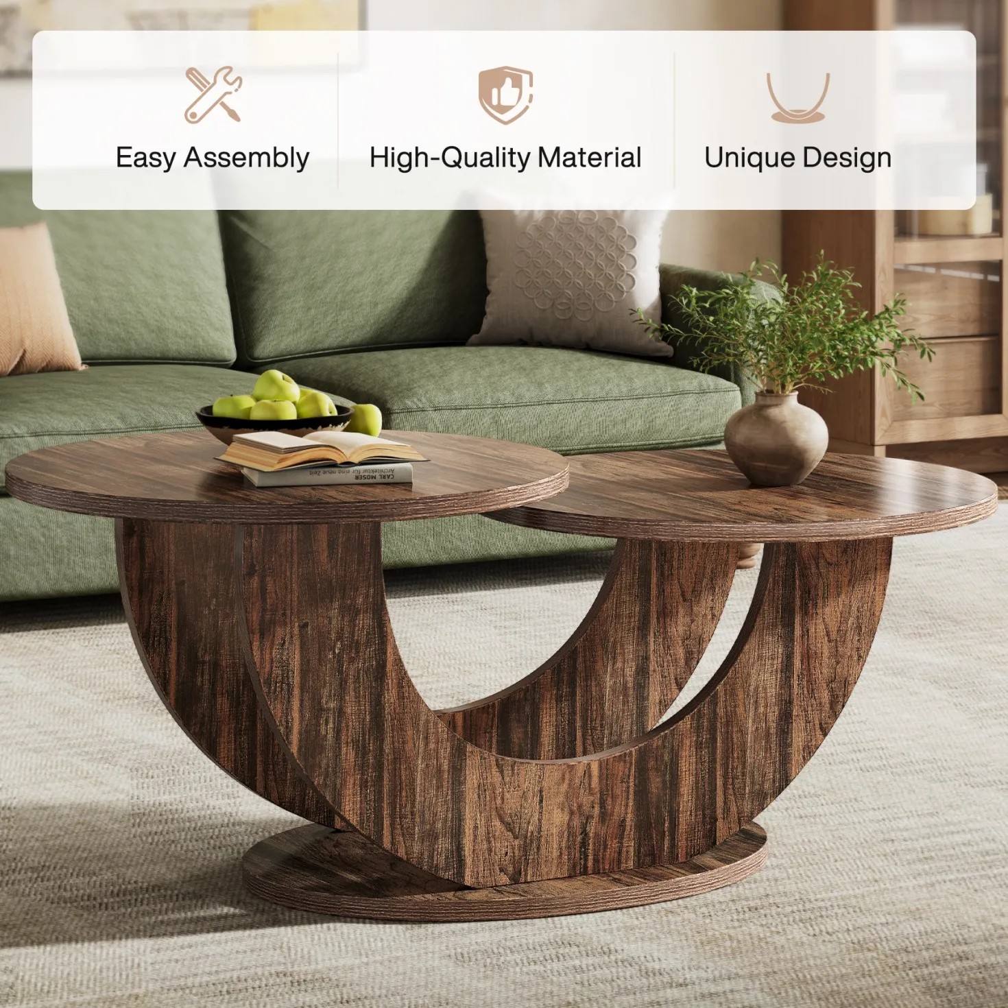 45" Coffee Table, 2-Tier Accent Center Cocktail Table with U-Shaped Frame