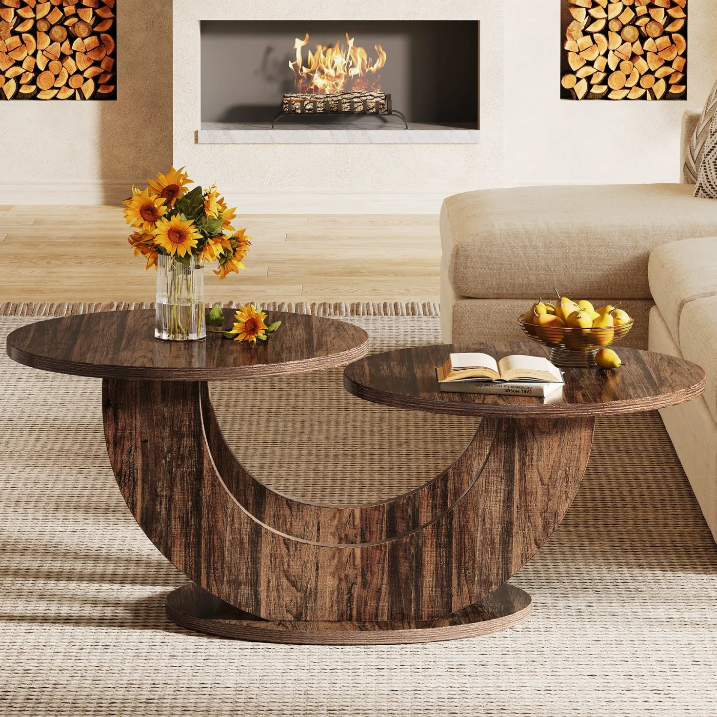45" Coffee Table, 2-Tier Accent Center Cocktail Table with U-Shaped Frame