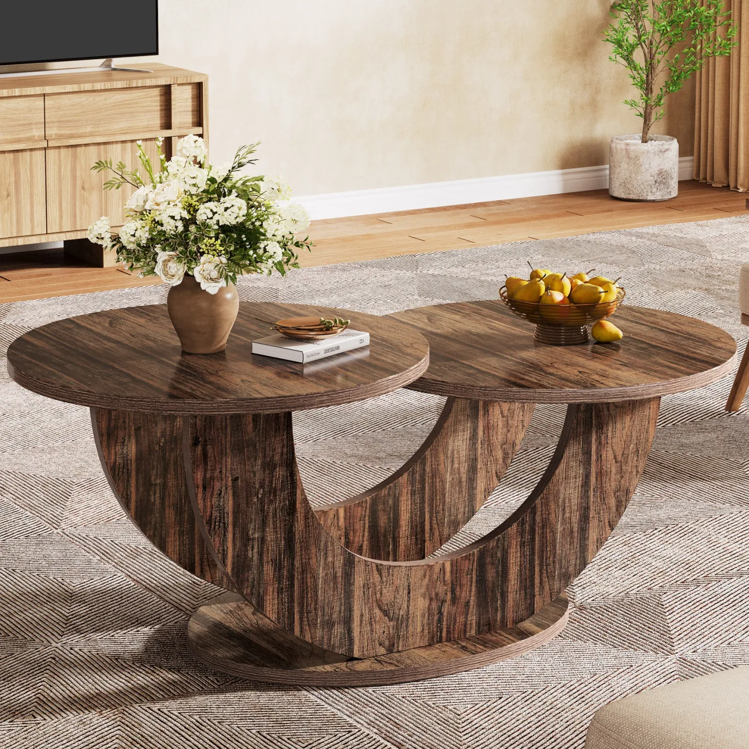 45" Coffee Table, 2-Tier Accent Center Cocktail Table with U-Shaped Frame