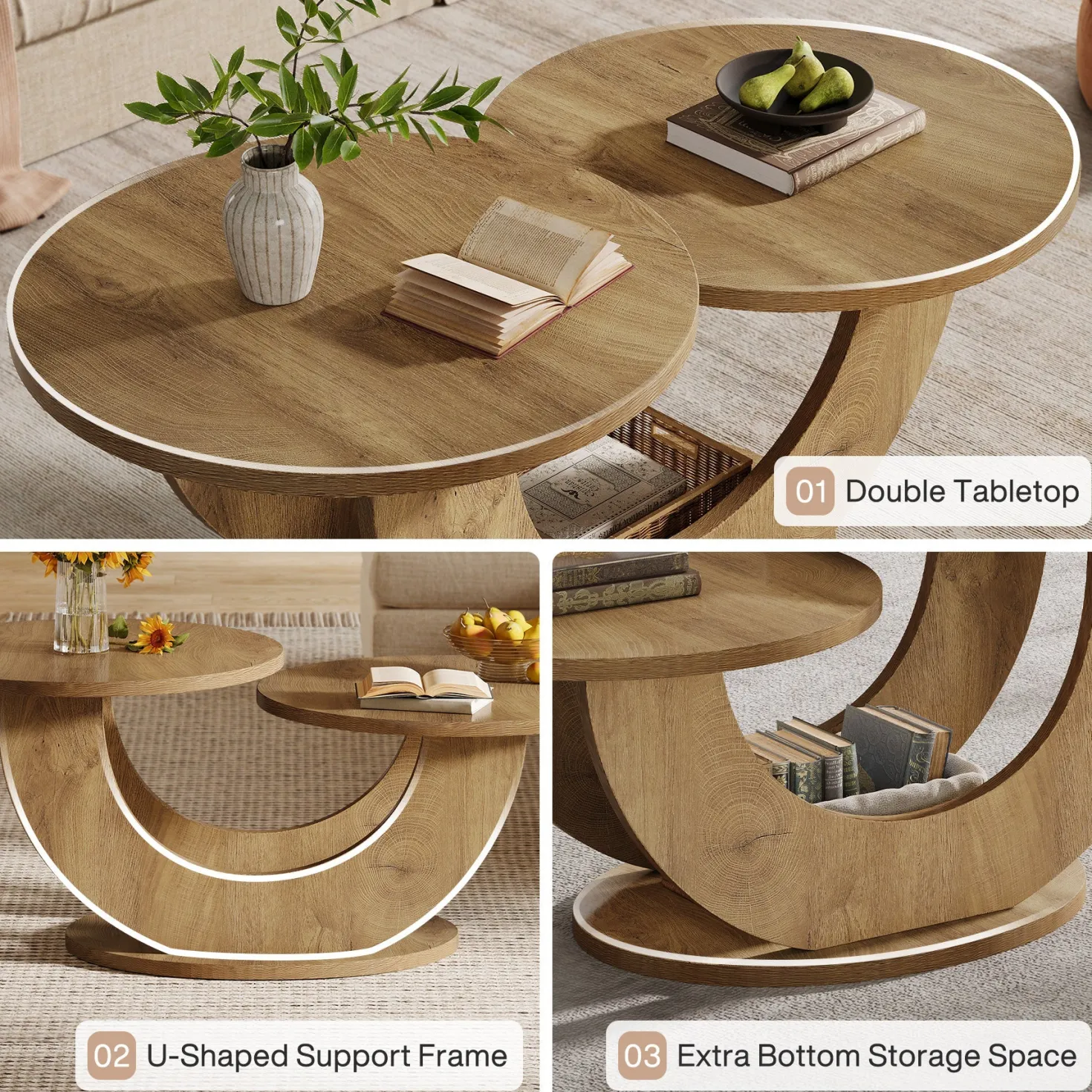 45" Coffee Table, 2-Tier Accent Center Cocktail Table with U-Shaped Frame