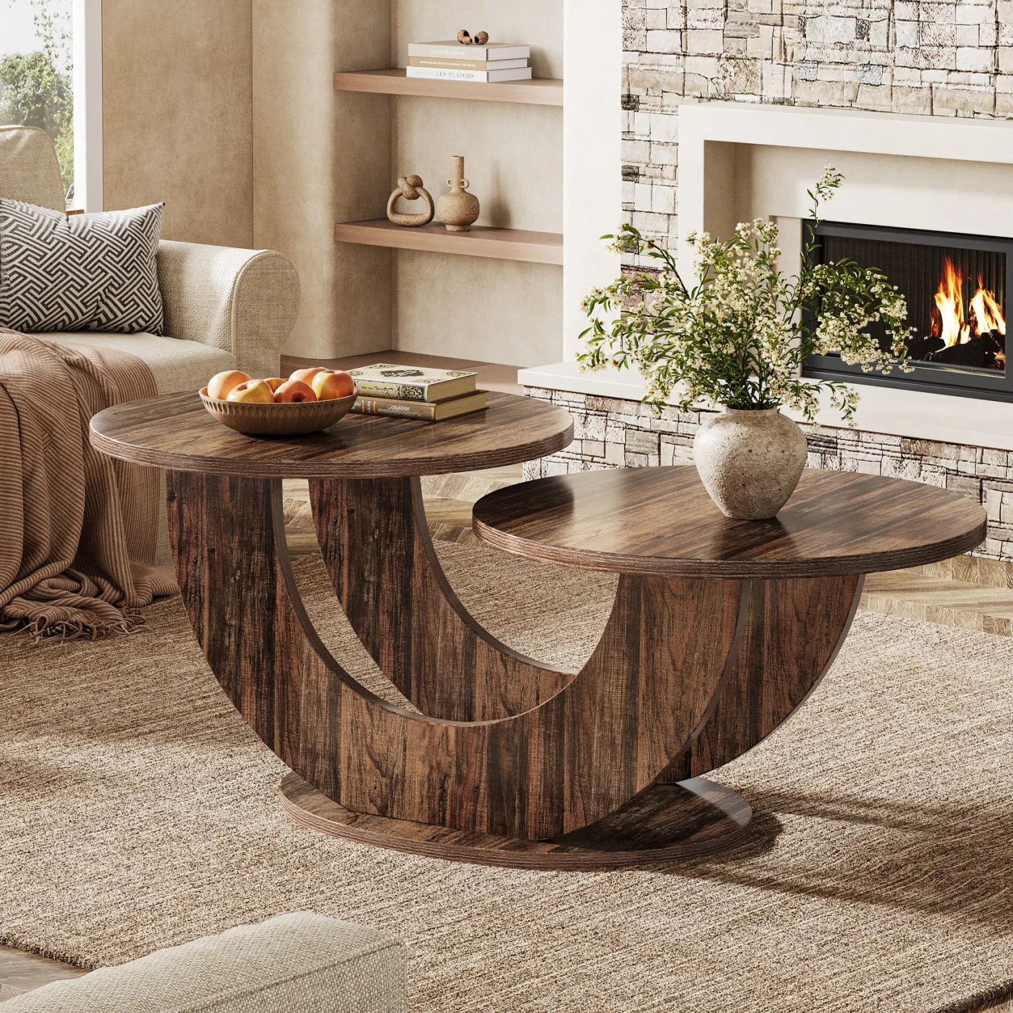 45" Coffee Table, 2-Tier Accent Center Cocktail Table with U-Shaped Frame