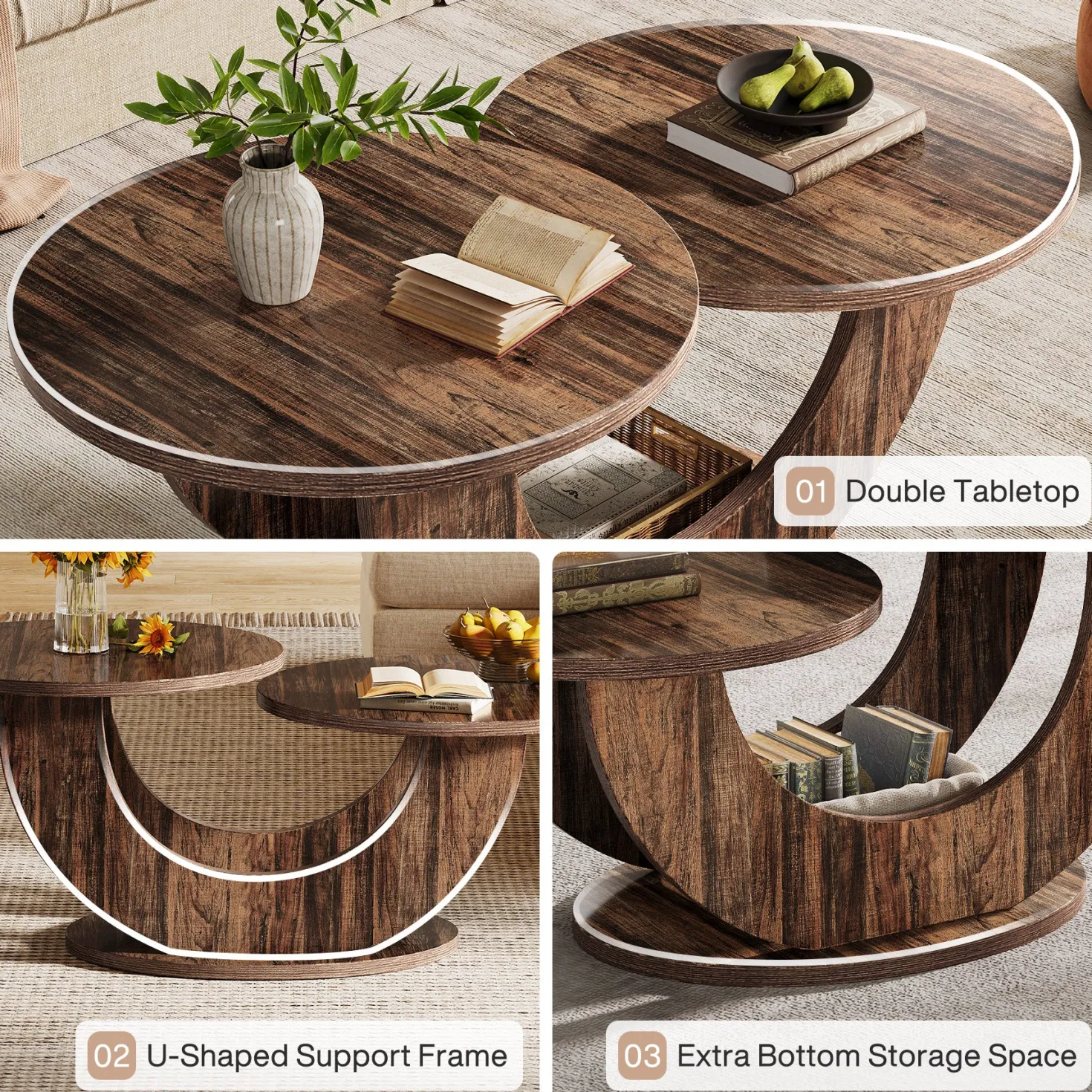 45" Coffee Table, 2-Tier Accent Center Cocktail Table with U-Shaped Frame