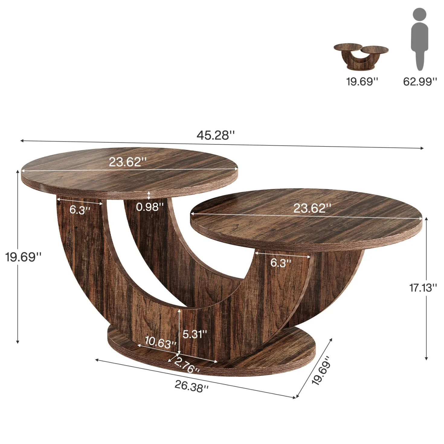 45" Coffee Table, 2-Tier Accent Center Cocktail Table with U-Shaped Frame