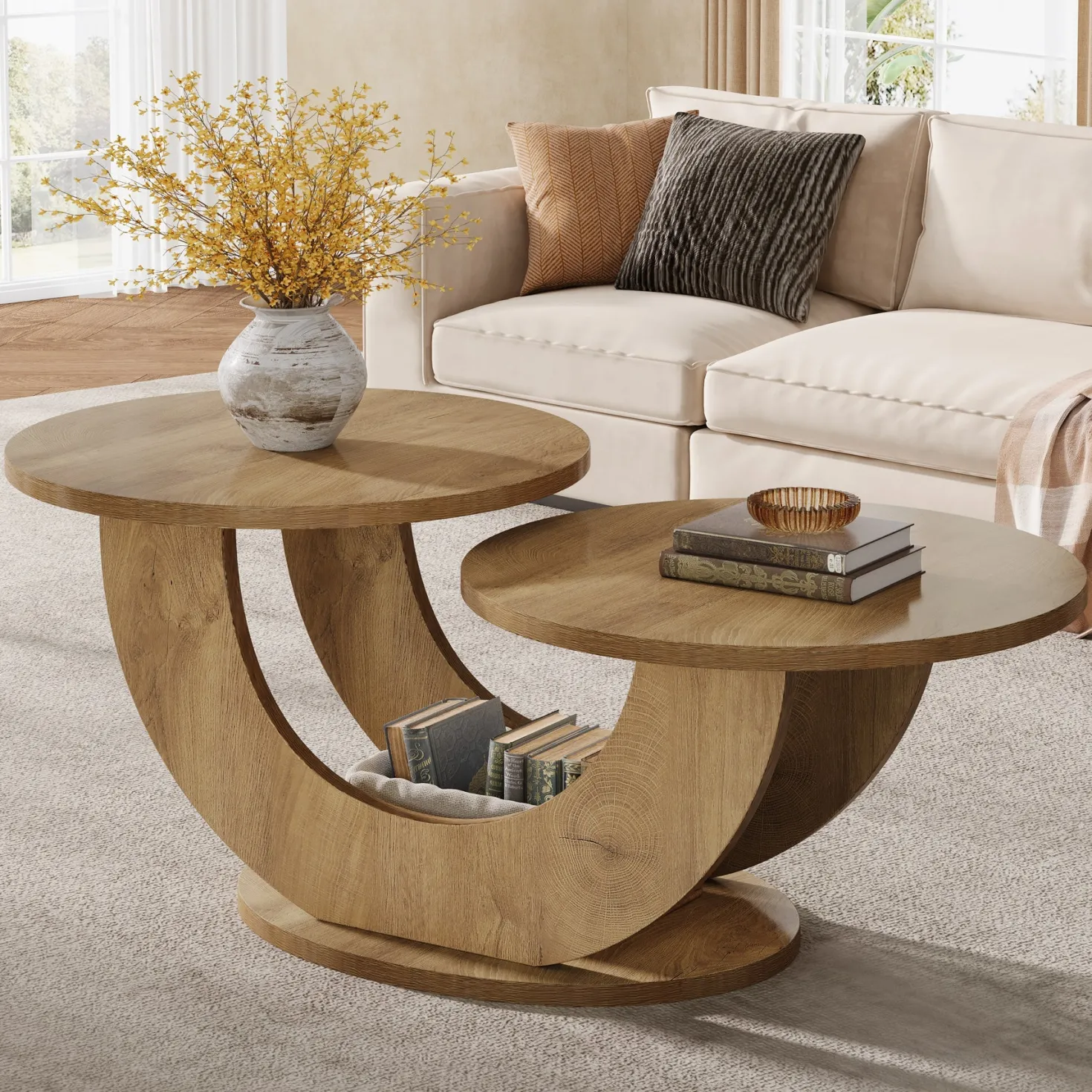 45" Coffee Table, 2-Tier Accent Center Cocktail Table with U-Shaped Frame
