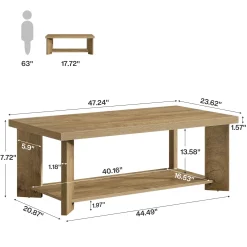 47" Coffee Tables, Farmhouse Rectangle Center Cocktail Table with Storage Shelves for Living Room