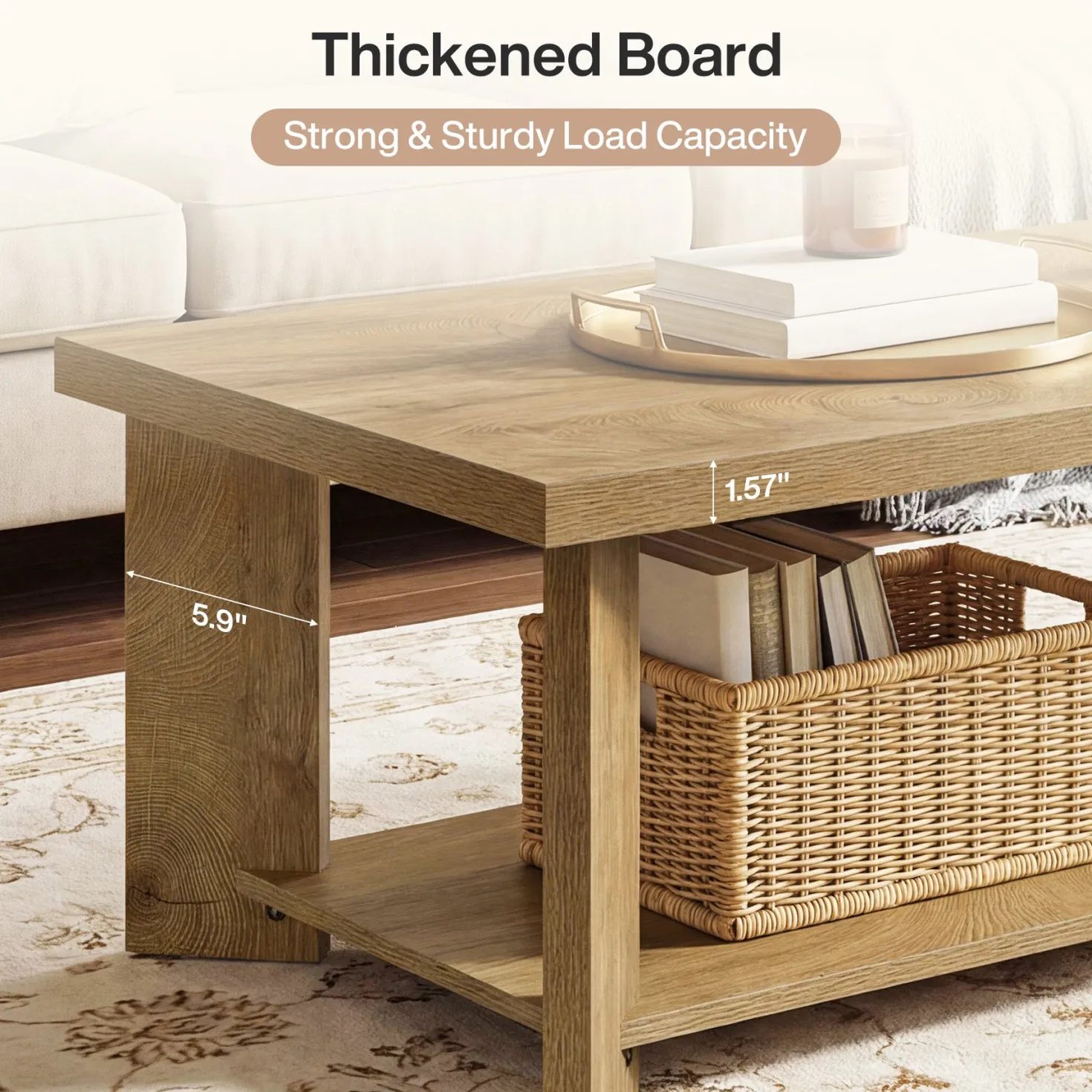 47" Coffee Tables, Farmhouse Rectangle Center Cocktail Table with Storage Shelves for Living Room