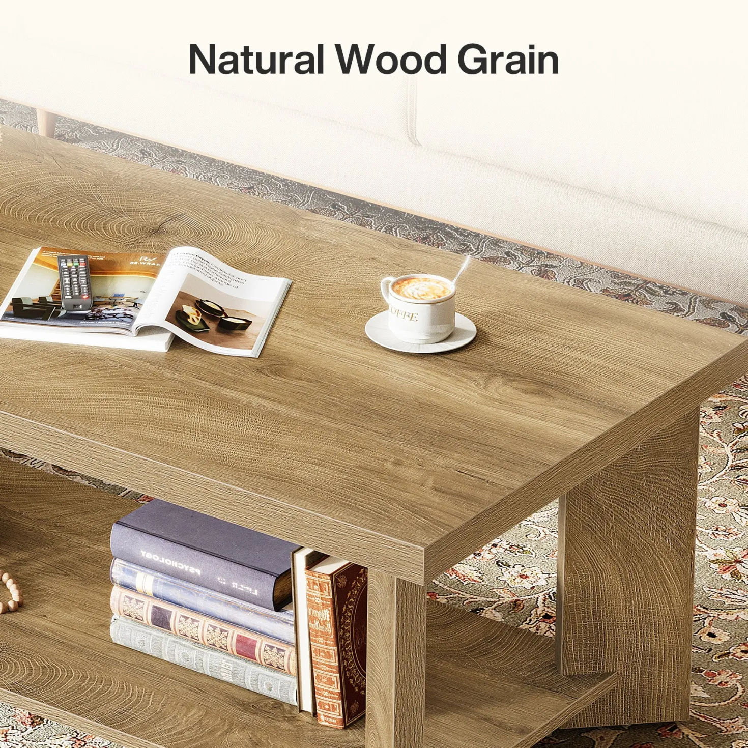 47" Coffee Tables, Farmhouse Rectangle Center Cocktail Table with Storage Shelves for Living Room