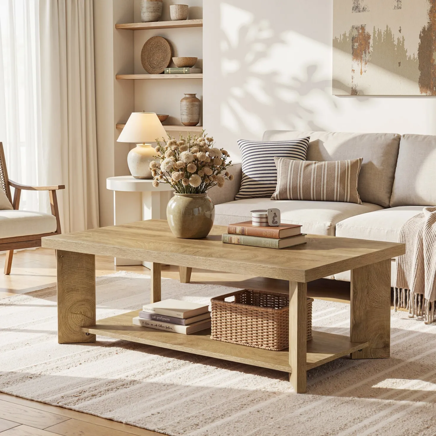 47" Coffee Tables, Farmhouse Rectangle Center Cocktail Table with Storage Shelves for Living Room