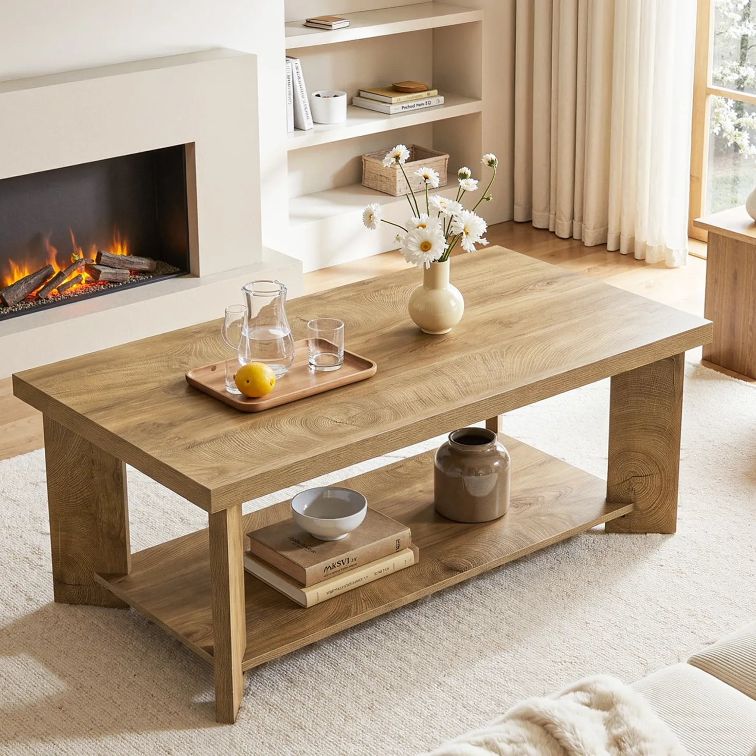 47" Coffee Tables, Farmhouse Rectangle Center Cocktail Table with Storage Shelves for Living Room