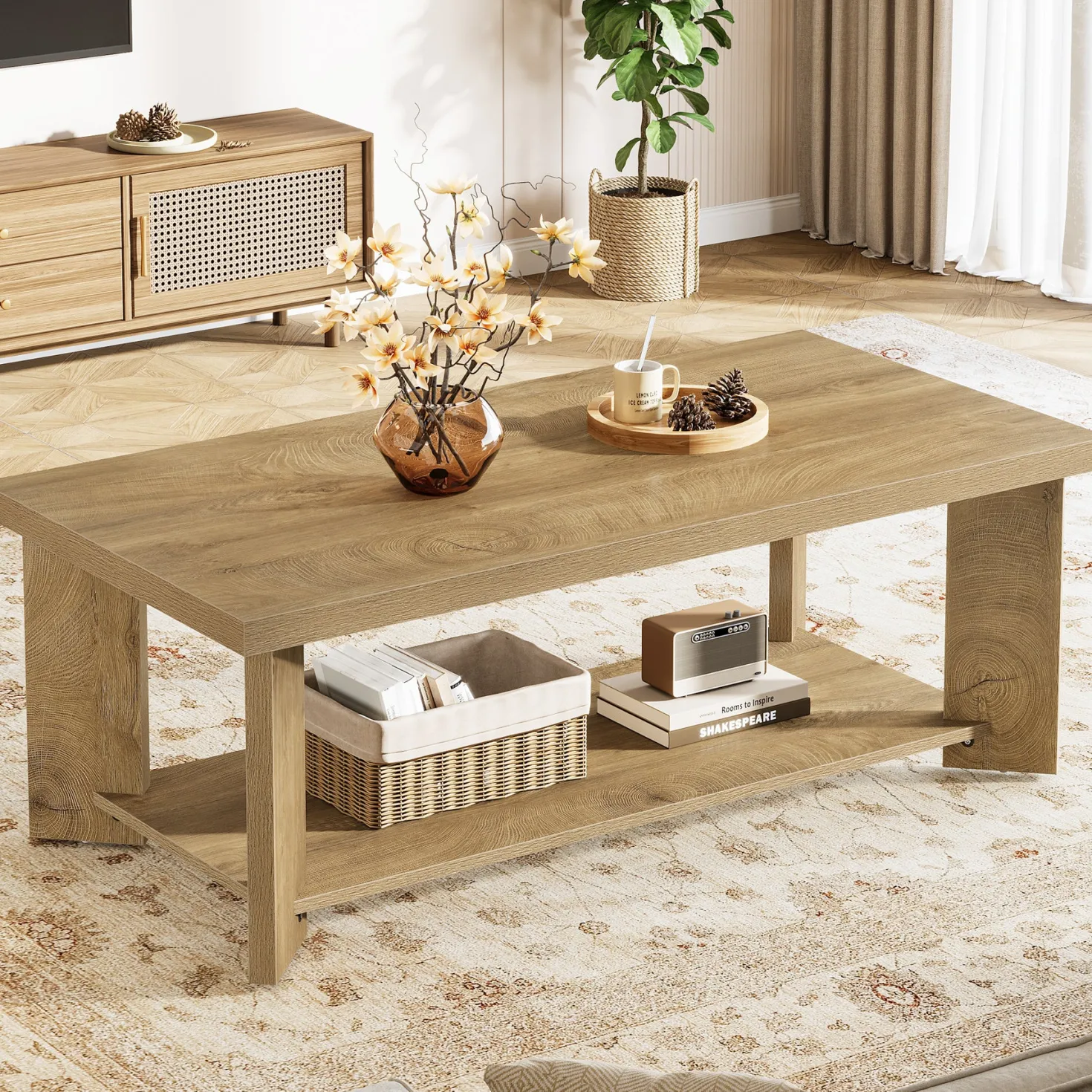 47" Coffee Tables, Farmhouse Rectangle Center Cocktail Table with Storage Shelves for Living Room