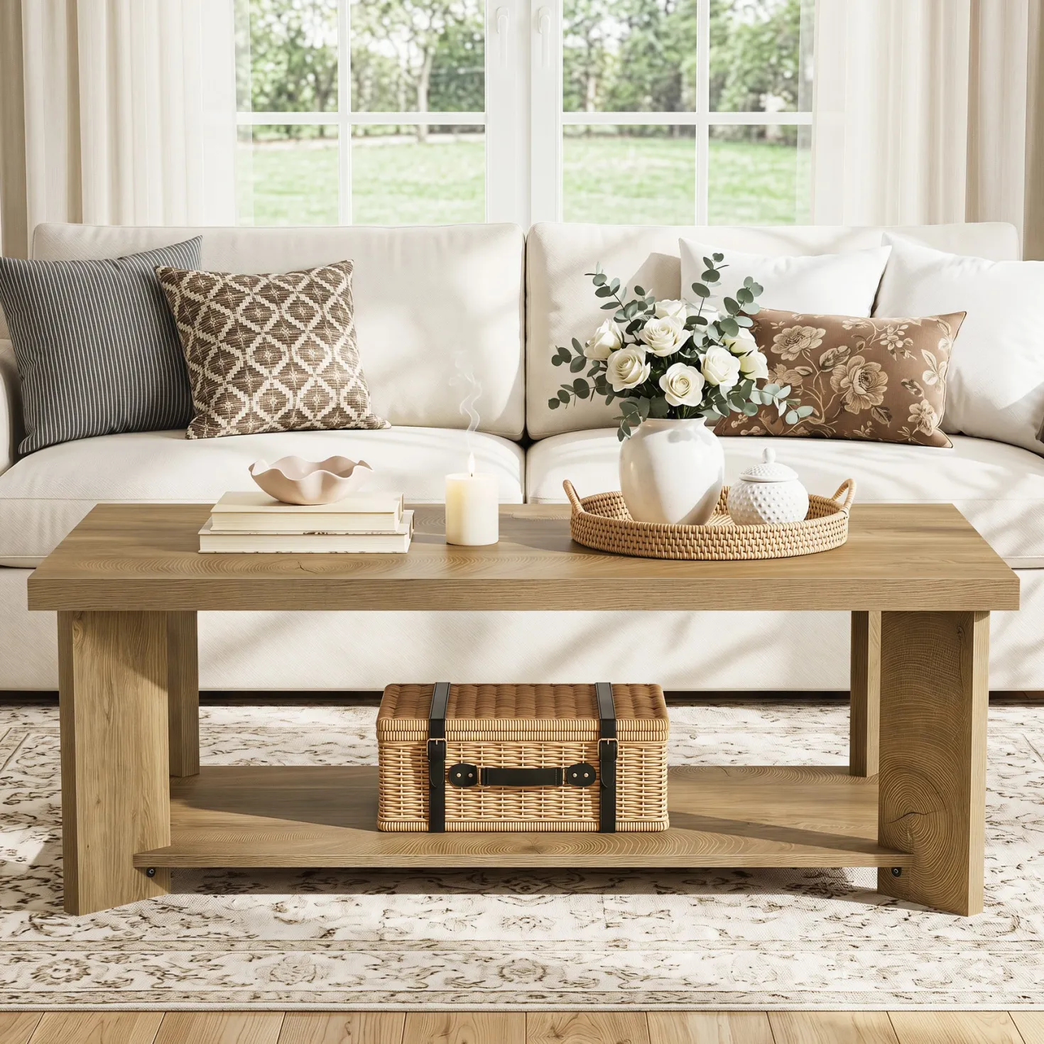 47" Coffee Tables, Farmhouse Rectangle Center Cocktail Table with Storage Shelves for Living Room