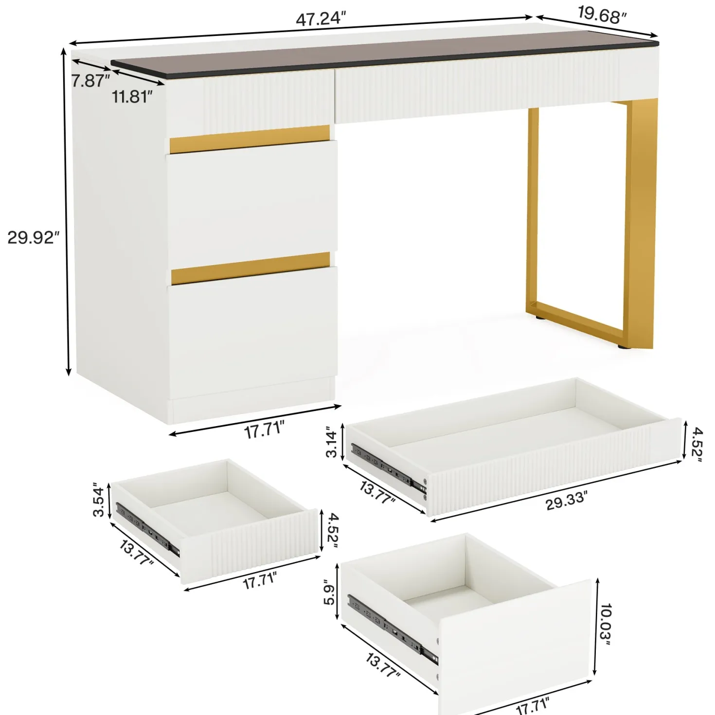 47.24" Computer Desk, 4-Drawer Writing Desk with Glass Top