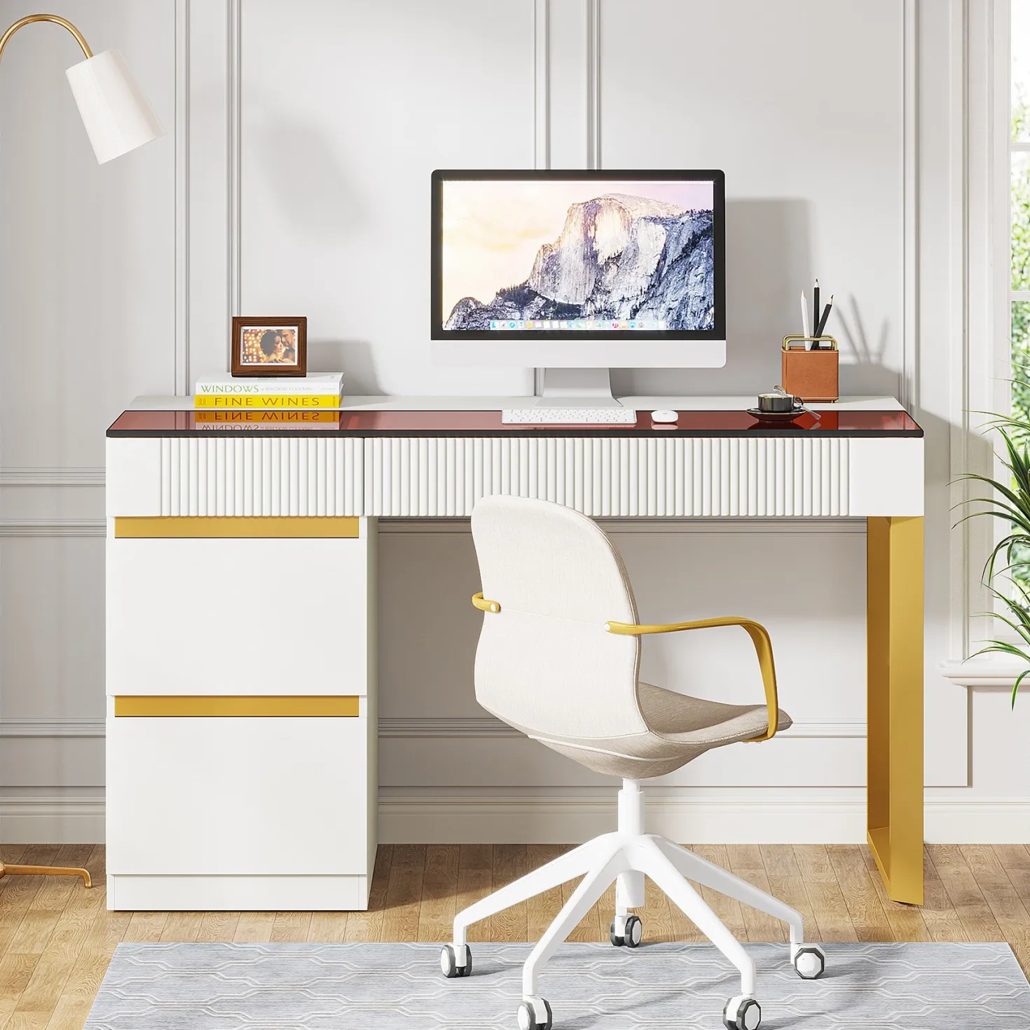 47.24" Computer Desk, 4-Drawer Writing Desk with Glass Top