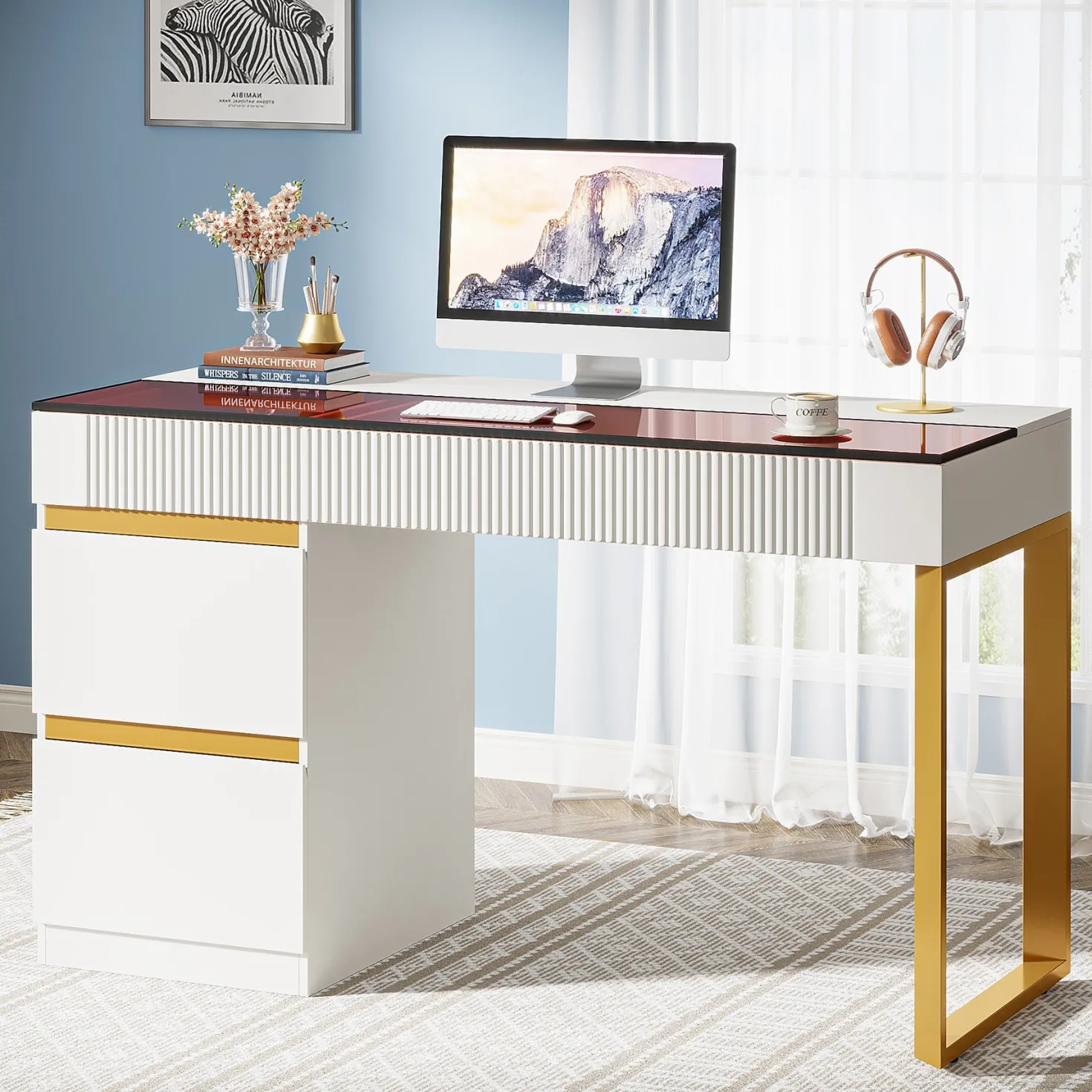 47.24" Computer Desk, 4-Drawer Writing Desk with Glass Top